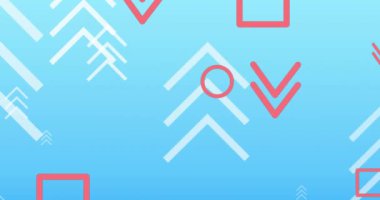 Mavi arkaplan üzerinde kırmızı ve beyaz soyut şekillerin canlandırılması. Desen, şekil ve hareket kavramı dijital olarak oluşturulmuş video.