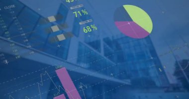 Animation of statistical data processing against low angle view of tall building. Business data technology concept