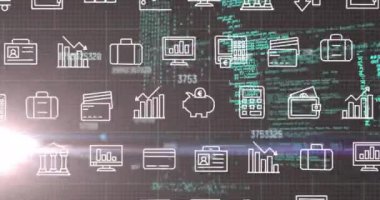 Mali simgelerin ve veri işleme sisteminin animasyonu. Küresel iş, finans, hesaplama ve veri işleme kavramı dijital olarak oluşturulmuş video.