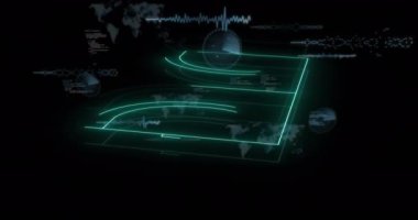 Spor alanında finansal veri işleme animasyonu. Küresel spor, rekabet, bilgisayar ve veri işleme kavramı dijital olarak oluşturulmuş video.