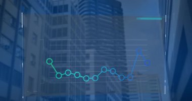 Animation of statistical data processing against low angle view of tall buildings. Business data technology concept