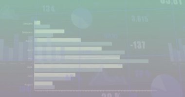 Mor gradyan arkaplana karşı istatistiksel veri işleme animasyonu. Bilgisayar arayüzü ve iş veri teknolojisi kavramı