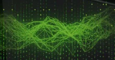 Yeşil bağlantılar üzerinden ikili kodlama veri işleme animasyonu. Dijital olarak oluşturulmuş küresel bağlantılar, hesaplama ve veri işleme kavramı.