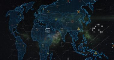 Dünya haritası üzerindeki bağlantı ağının animasyonu. Dijital olarak oluşturulmuş küresel bağlantılar, hesaplama ve veri işleme kavramı.