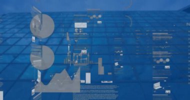 Animation of statistical data processing against low angle view of tall building. Business data technology concept