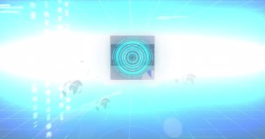 Mavi gradyan arkaplan ile veri işleme ekranlarının animasyonu. Bilgisayar arayüzü ve iş teknolojisi kavramı