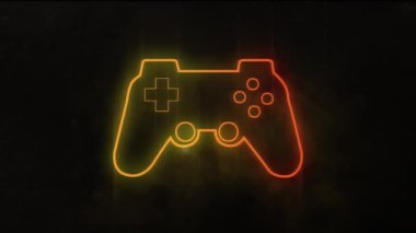 Siyah arkaplanda parlayan neon oyun konsolunun animasyonu. Dijital olarak oluşturulmuş küresel video oyunu, bilgisayar ve veri işleme kavramı.