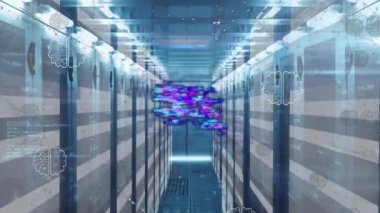 Aydınlatılmış veri depolama sistemleri üzerinden 6G metin ve bilgisayar dilinin animasyonu. Dijital bileşik, telekomünikasyon, kodlama, veritabanı, güvenlik, veri merkezi, ağ, sunucu odası, teknoloji.