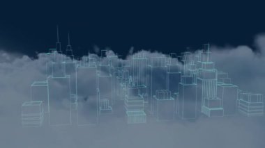 Kabarık bulutlar üzerinde soyut arkaplan ile modern şehir manzarasının 3D modelinin animasyonu. Dijital bileşik, çoklu pozlama, üç boyutlu, gökyüzü, bina ve mimari konsept.