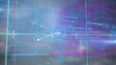 Bağlı noktaların ve programlama dilinin ızgara şablonu üzerinden animasyonu. Dijital olarak üretilmiş, çoklu maruz kalma, telekomünikasyon, ağ oluşturma, veritabanı, kodlama, programlama, teknoloji, soyut.