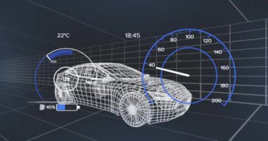 3D araba çiziminin üzerinde elektrikli araba dijital arayüzü animasyonu. Küresel elektrik araba mühendisliği, bağlantılar, hesaplama ve veri işleme kavramı dijital olarak oluşturulmuş video.