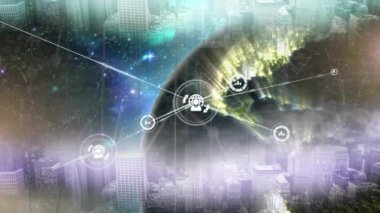 Aydınlatılmış dünyanın üzerindeki bağlı ikonların modern şehir manzarasının havadan görünüşüne karşı animasyonu. Dijital bileşik, çoklu pozlama, iletişim, küreselleşme, gökdelenler ve mimari konsept.