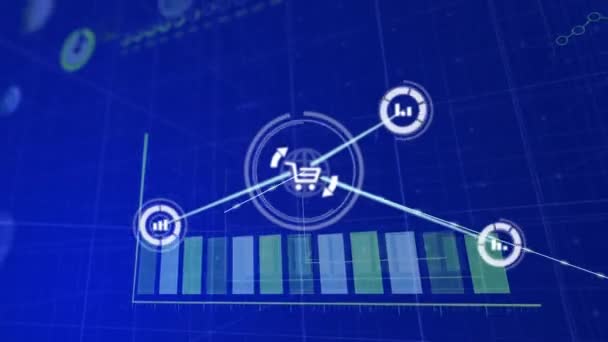 Animation Network Digital Icons Statistical Data Processing Blue Background Global — Vídeo de Stock