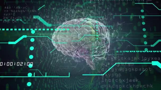 Animering Databehandling Mot Ljusspår Över Snurrande Mänskliga Hjärnan Ikon Blå — Stockvideo