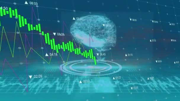 Анимация Обработки Данных Против Вращения Иконки Человеческого Мозга Круглом Сканере — стоковое видео