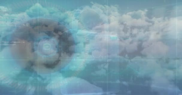 Animacja Przetwarzania Danych Przez Ekran Chmury Niebie Koncepcja Globalnych Połączeń — Wideo stockowe