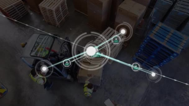 Animation Connected Dots Profile Icons Diverse Workers Forklift Pallets Warehouse — Stock Video