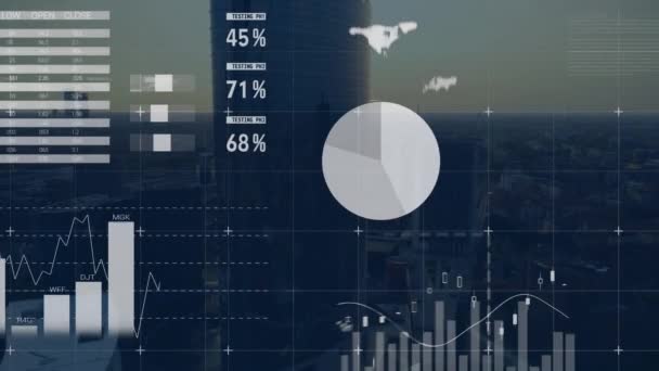Animatie Van Financiële Gegevensverwerking Wereldkaart Stadsgezicht Mondiaal Bedrijfs Financieel Computer — Stockvideo