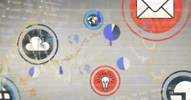 Animatie Van Digitale Iconen Verwerking Van Financiële Beursgegevens Tegen Grijze — Stockvideo
