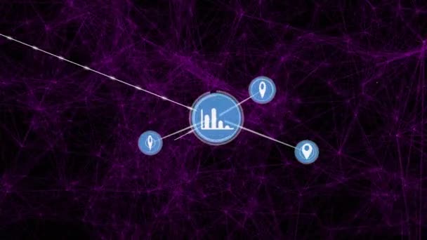 紫色の連結点の上に線で接続されたグラフとGpsアイコンのアニメーション デジタル生成 多重露光 レポート ナビゲーション 未来的 ビジネス テクノロジー — ストック動画