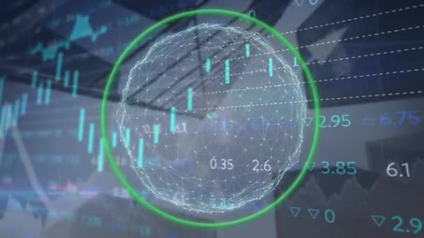 接続のネットワークの地球のアニメーション 統計的 株式市場のデータ処理 世界経済とビジネスデータテクノロジーの概念 — ストック動画