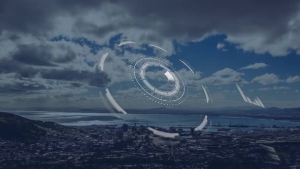 Animação Hélice Dna Círculos Carregamento Visão Aérea Cidade Montanhas Mar — Vídeo de Stock