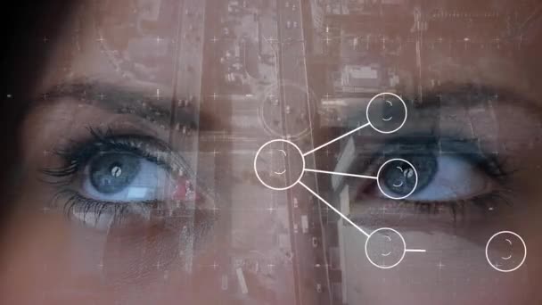 Animation Verbundener Ikonen Luftaufnahme Von Gebäuden Und Fahrzeugen Abgeschnittene Augen — Stockvideo