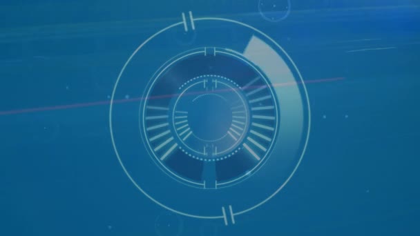 丸いスキャナのアニメーション 青い背景に対する接続と光の道の輝くネットワーク グローバルネットワークとビジネスインターフェース技術の概念 — ストック動画
