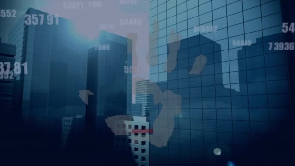 Animacja Biometrycznego Skanera Linii Papilarnych Zmiana Liczb Tle Wysokich Budynków — Wideo stockowe