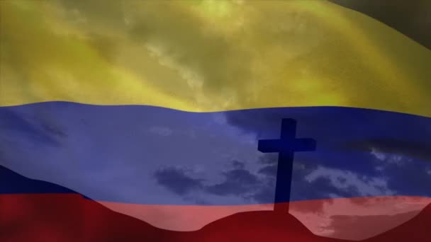 Animacja Flagi Kolumbii Nad Krzyżem Religia Chrześcijańska Wiara Koncepcja Tradycji — Wideo stockowe