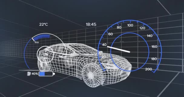 Animacja Elektrycznego Samochodu Cyfrowy Interfejs Ponad Rysunku Samochodu Globalna Elektrotechnika — Wideo stockowe