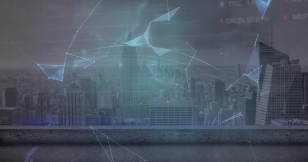 Animation Des Globus Aus Plexusnetzen Statistische Börsendatenverarbeitung Gegen Stadtbild Globale — Stockvideo