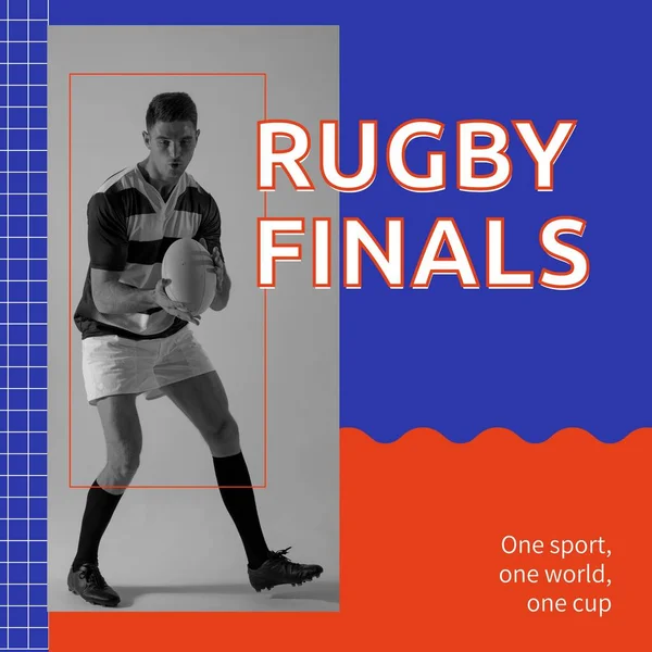 Finały Rugby Jeden Tekst Sportowy Biały Mężczyzna Rugby Gracz Trzyma — Zdjęcie stockowe