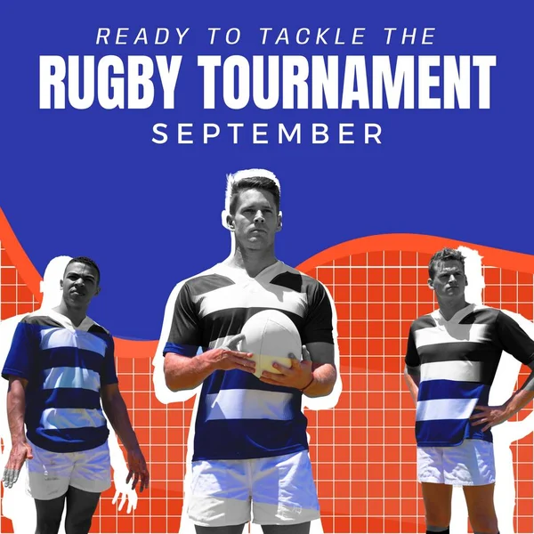 Gotowy Walki Tekstem Turnieju Rugby Różnych Mężczyzn Rugby Graczy Piłką — Zdjęcie stockowe