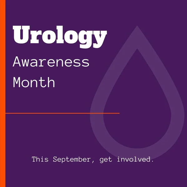 Urology awareness month, get involved text in white, with droplet icon on purple background. Genitourinary surgery, medical and health awareness promotion campaign digitally generated image.