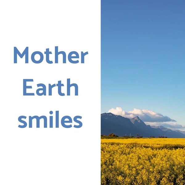 Composição Mãe Terra Sorri Texto Sobre Campo Montanhas Planeta Terra — Fotografia de Stock