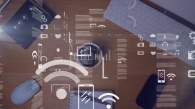 Masa başında finansal veri işleme animasyonu. Küresel iş, finans, hesaplama ve veri işleme kavramı dijital olarak oluşturulmuş video.