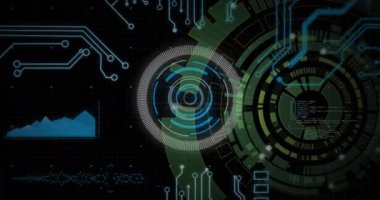 Yuvarlak tarayıcının animasyonu, mikro işlemci bağlantıları ve kara arkaplanda veri işleme. Bilgisayar arayüzü ve iş teknolojisi kavramı