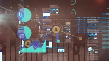 Animation of financial data processing over cityscape. Global business, finances, computing and data processing concept digitally generated video.