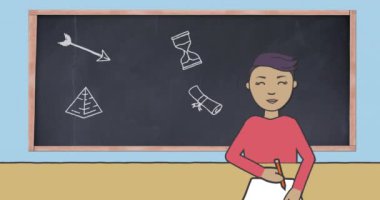 Asyalı okul çocuğu yerine okul ikonlarının canlandırılması. Küresel eğitim, bilgisayar ve veri işleme kavramı dijital olarak oluşturulmuş video.