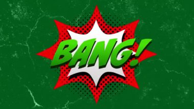 Retro konuşma balonunda bang metin animasyonu ve yeşil arkaplanda veri işleme. Dijital olarak oluşturulmuş küresel bağlantılar, hesaplama ve veri işleme kavramı.