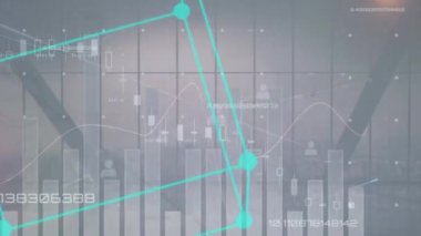Animation of financial data processing over cityscape. Global business, finances, computing and data processing concept digitally generated video.