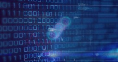 Animation of financial data processing and binary coding over cityscape. Global business, finances, computing and data processing concept digitally generated video.