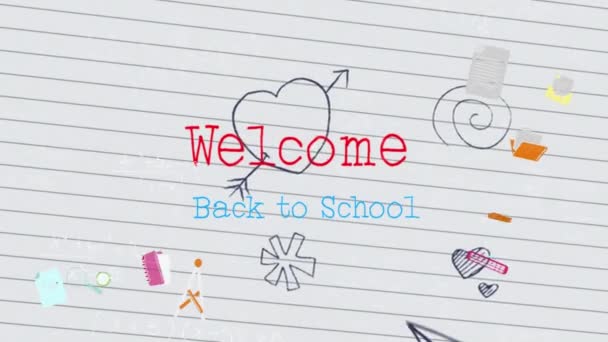 Animace Vítejte Zpět Školy Text Školní Ikony Nad Bílou Vládl — Stock video