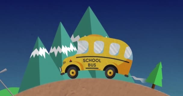 街並みに黄色のスクールバスや学校のアイコンのアニメーション グローバル教育 コンピューティング データ処理の概念デジタルで生成されたビデオ — ストック動画