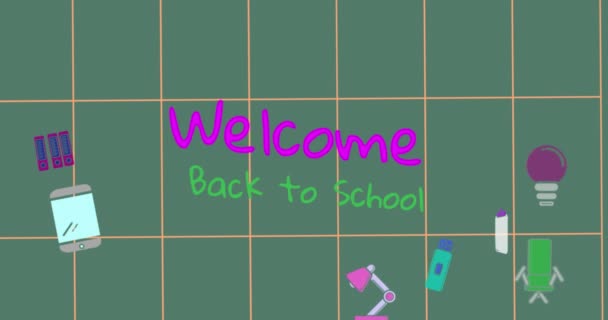 Animatie Van Welkom Terug Naar School Tekst School Pictogrammen Groene — Stockvideo