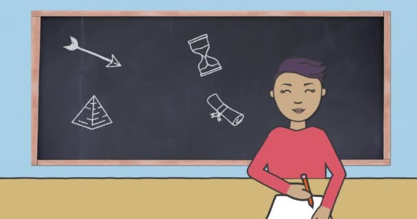 Animatie Van School Iconen Aziatische Schooljongen Mondiaal Onderwijs Computer Gegevensverwerkingsconcept — Stockvideo