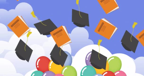 Κινούμενα Σχέδια Καπέλα Αποφοίτησης Και Σχολικά Βιβλία Πάνω Από Μπαλόνια — Αρχείο Βίντεο