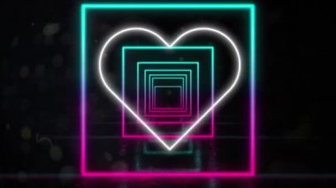 Neon karelerdeki siyah arkaplanda neon kalp ikonu animasyonu. Dijital olarak oluşturulmuş küresel sosyal medya, çevrimiçi iletişim, hesaplama ve veri işleme kavramı.