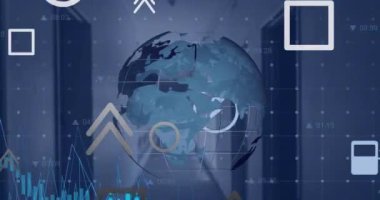 Dünya ve ofis üzerinde finansal veri işleme animasyonu. Küresel iş, finans, hesaplama ve veri işleme kavramı dijital olarak oluşturulmuş video.